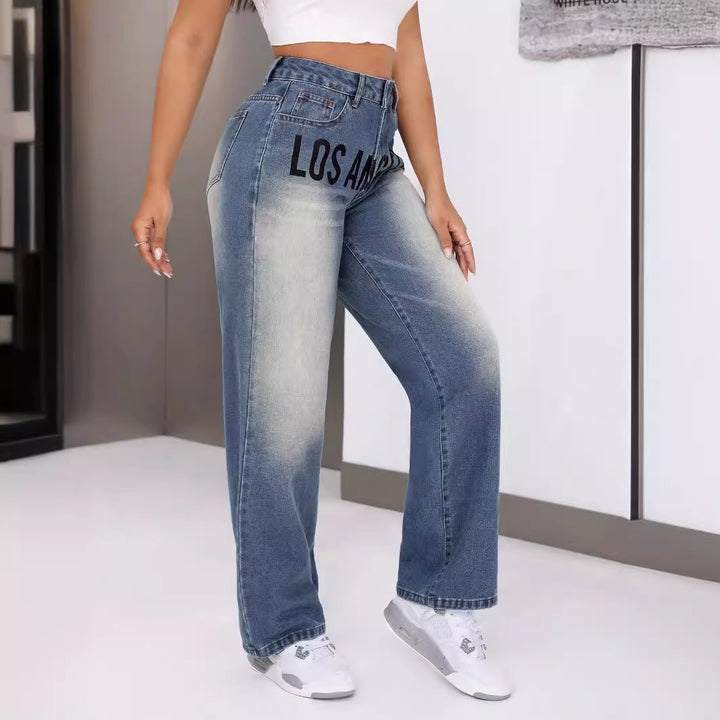 Jeans à coupe large pour femmes avec lettrage stylé Levoire