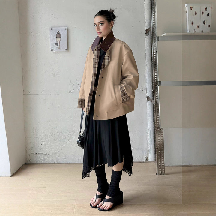 Veste surdimensionnée tendance pour femmes avec doublure à carreaux et col haut Levoire