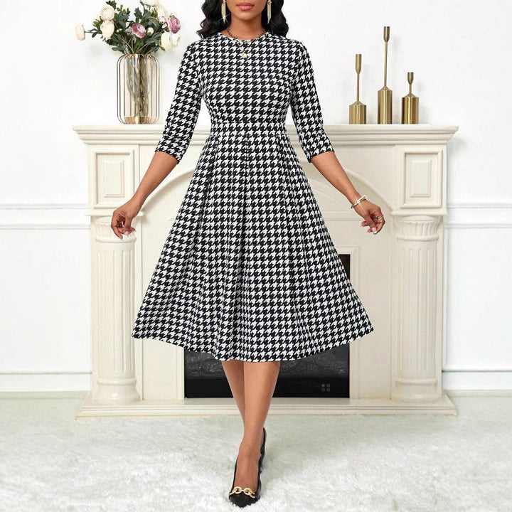 Levoire | Robe midi à motifs floraux élégante avec demi-rouleaux Houndstooth