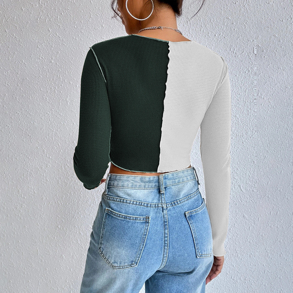 Chemise à manches longues cropped pour femme avec deux couleurs et un design en rib à la mode Levoire