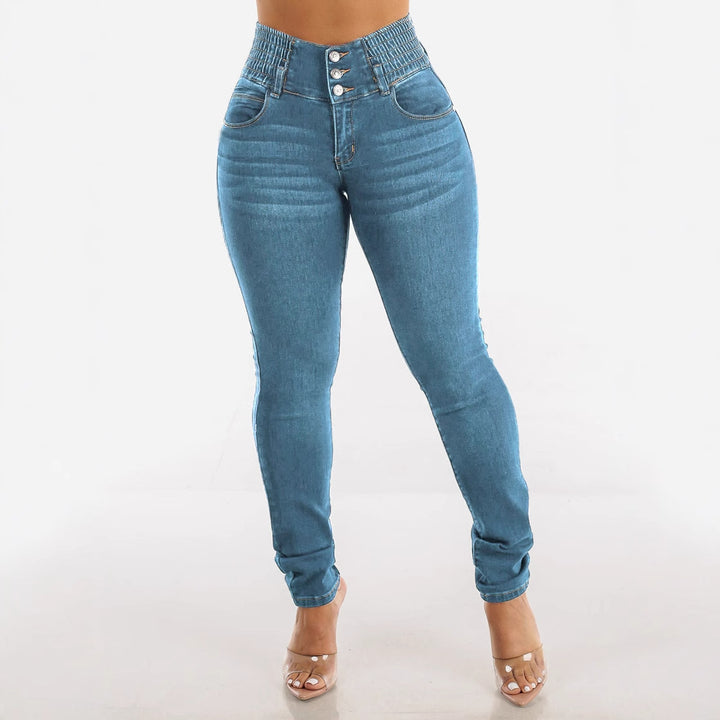 Jeans skinny taille haute pour femmes avec ceinture élastique et boutons décoratifs Levoire