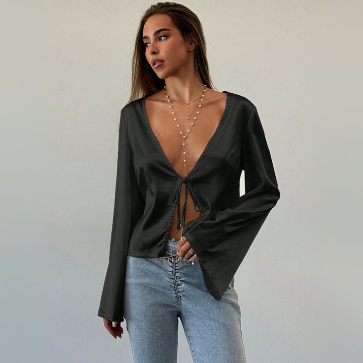 Blouse élégante femme avec décolleté en V profond et détail de nœud décontracté Levoire