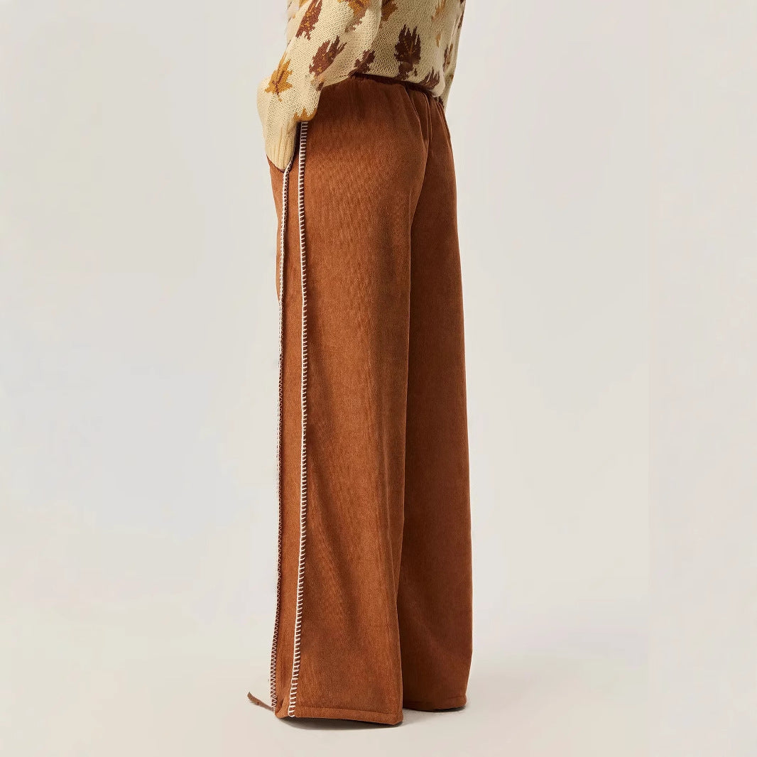 Pantalons décontractés à coupe large pour femmes en velours doux avec une taille élastique et un cordon décoratif Levoire