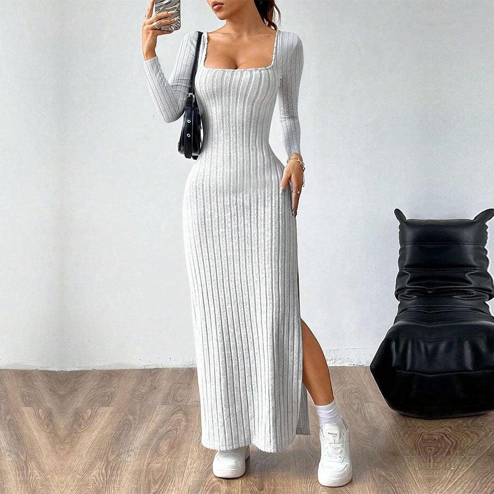 Robe Maxi Femme avec Tricot Côtelé Élégant et Fente Chic Levoire