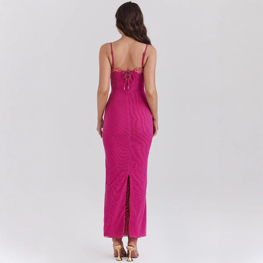 Robe Maxi Élégante Femme avec Encolure en Cœur et Inserts Transparents Levoire