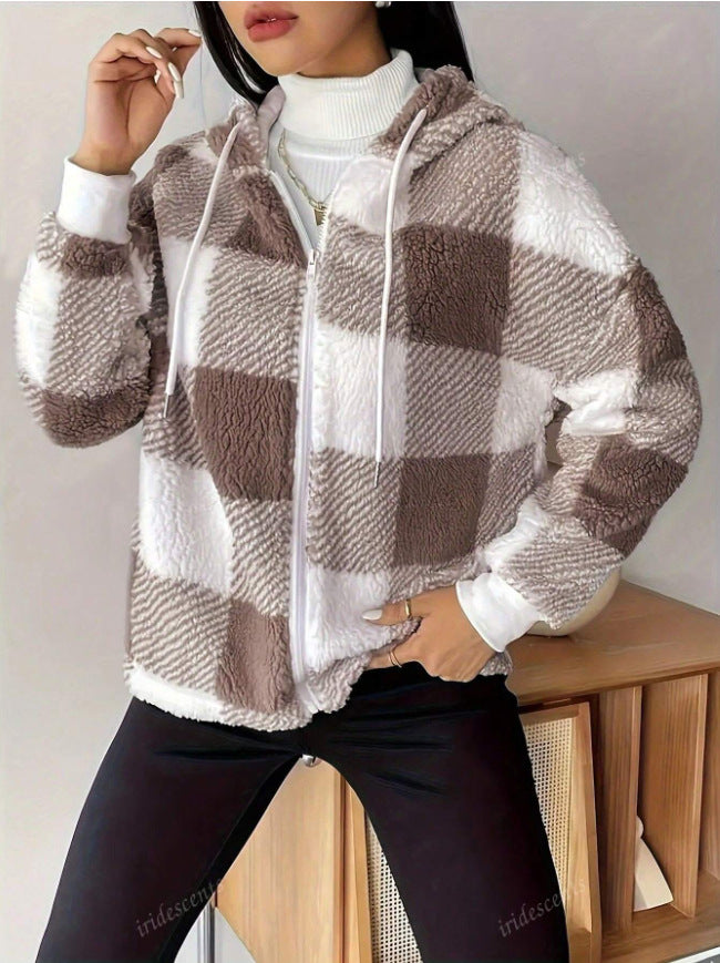 Veste de transition pour femmes en matériau teddy doux avec motif tartan Levoire
