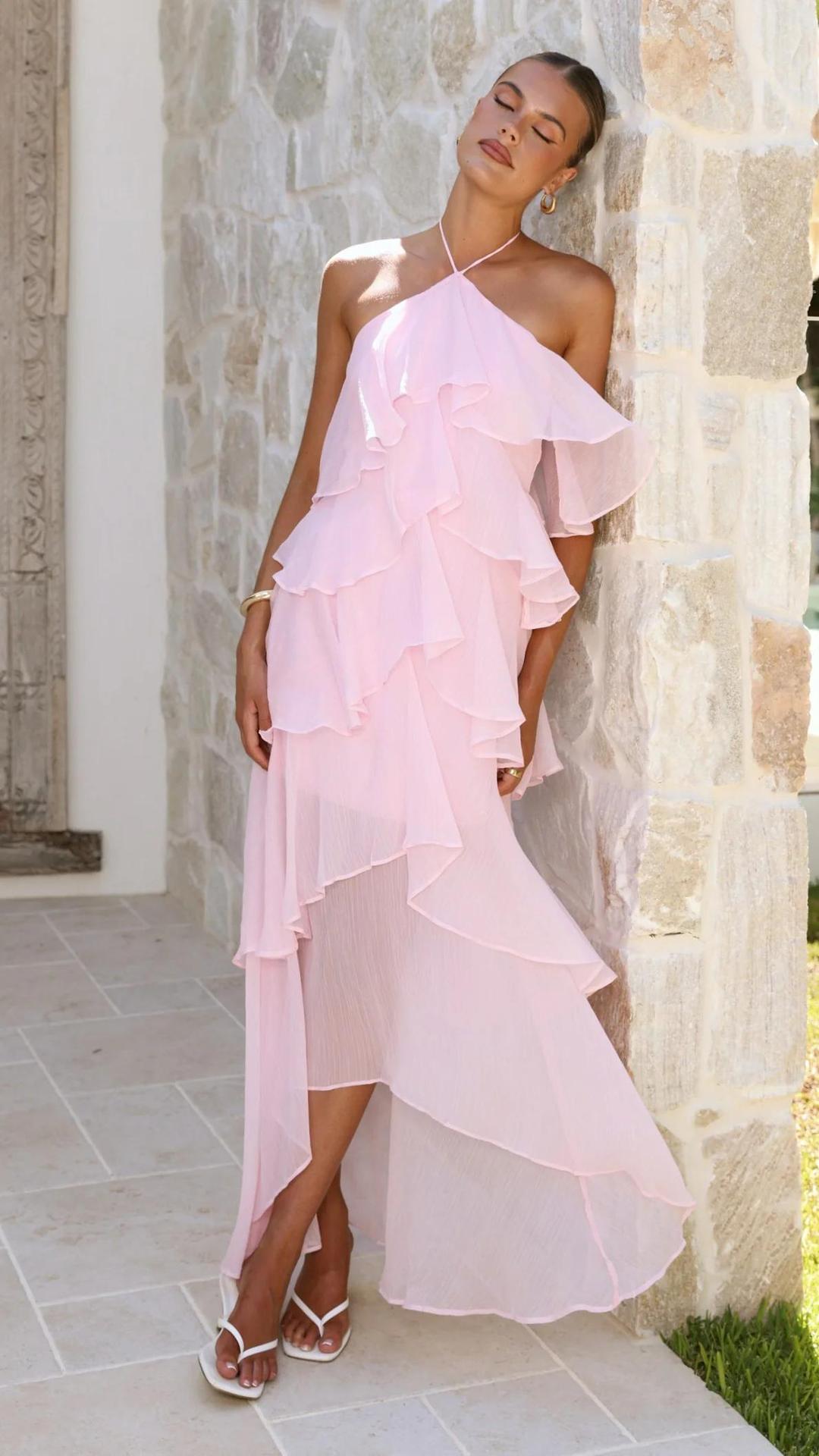 Robe maxi femme avec superposition élégante et volants floraux Levoire