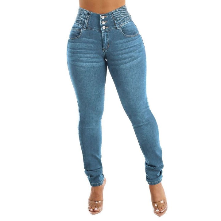 Jeans skinny taille haute pour femmes avec ceinture élastique et boutons décoratifs Levoire