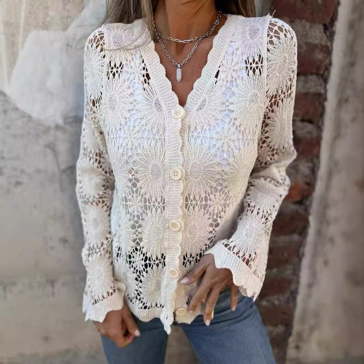 Veste au crochet pour femmes avec motifs floraux et fermeture à boutons Levoire