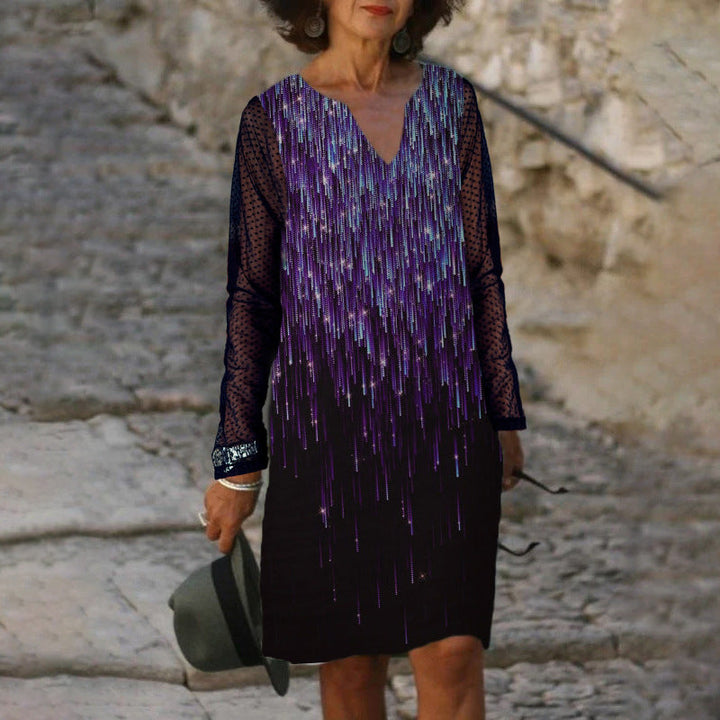 Levoire | Élégant Imprimé V-cou Manches Longues Robe en Dentelle Violet