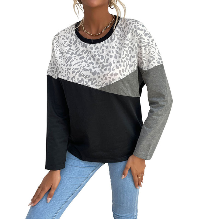 Chemise longue à manches longues pour femmes avec impression léopard créative et rayures en blocs Levoire