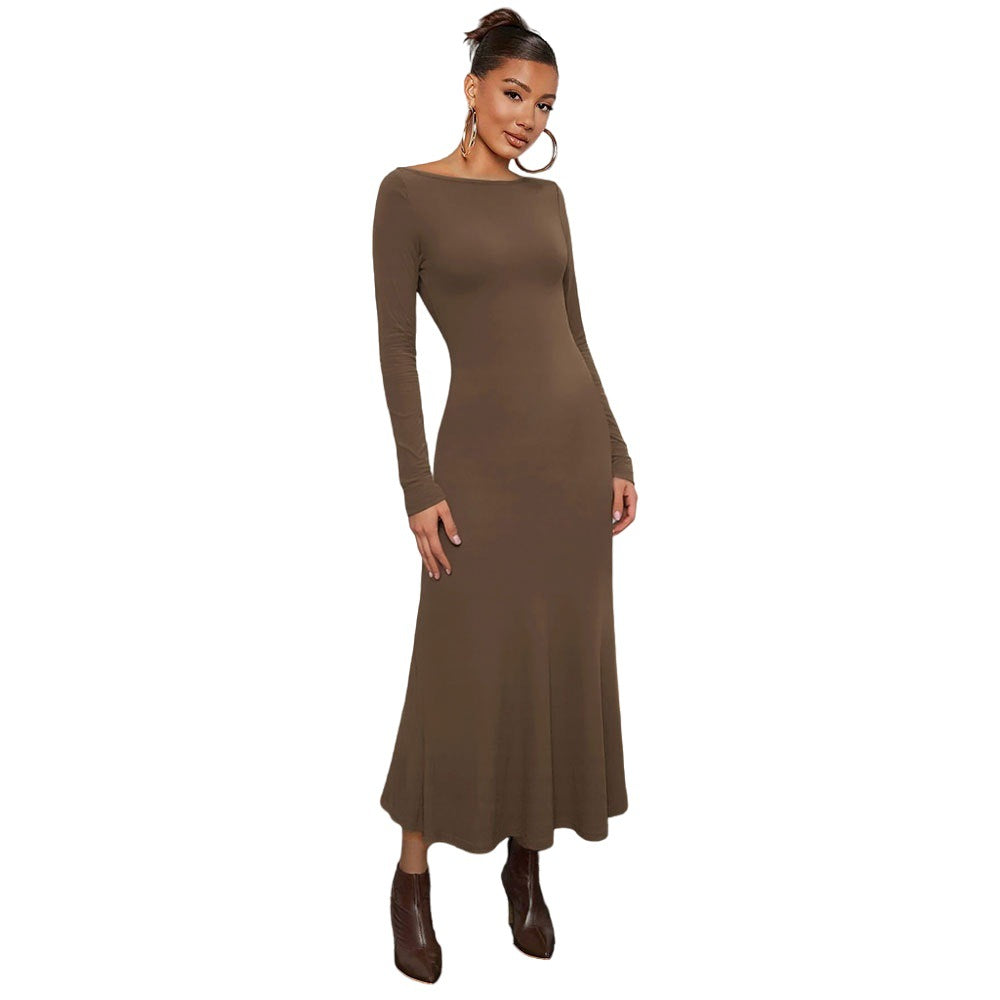 Robe midi à manches longues pour femmes avec un élégant col rond et un ourlet flottant Levoire