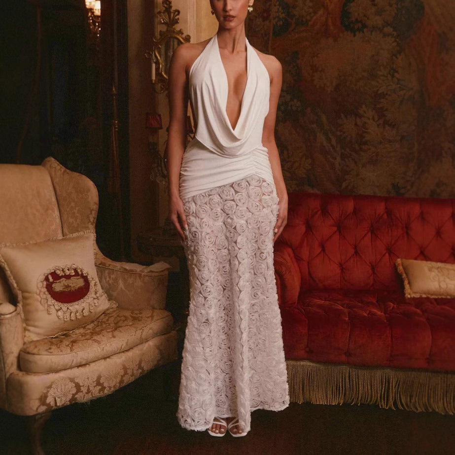 Levoire | Chic Wind 3D Fleur ceinture Long Robe Blanc