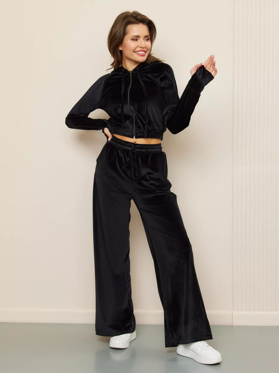 Levoire | Confortable Hopeafox-Velours-Hoodie-Couleur-Pantalon-Set noir