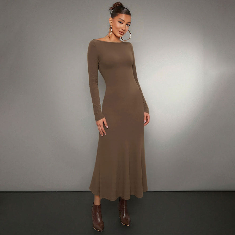Robe midi à manches longues pour femmes avec un élégant col rond et un ourlet flottant Levoire