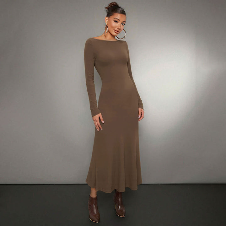Robe midi à manches longues pour femmes avec un élégant col rond et un ourlet flottant Levoire