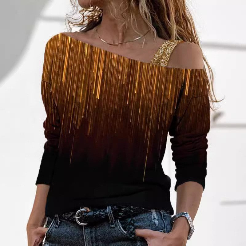 Levoire | T-shirt off-shoulder à imprimé marbré tendance à manches mi-longues A6