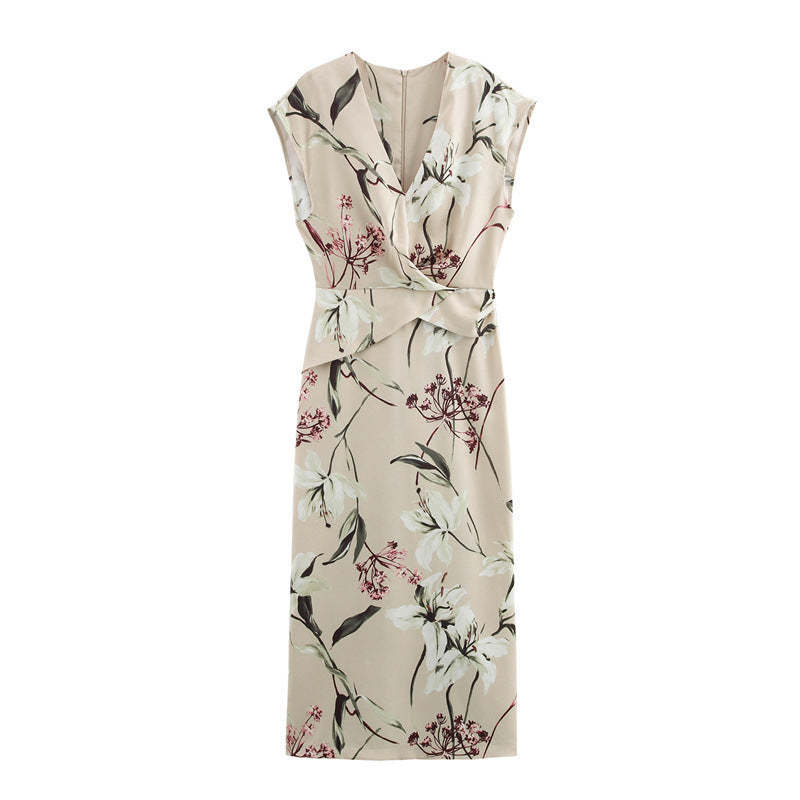 Levoire | Élégant Robe Satin Imprimé Col V Couleur