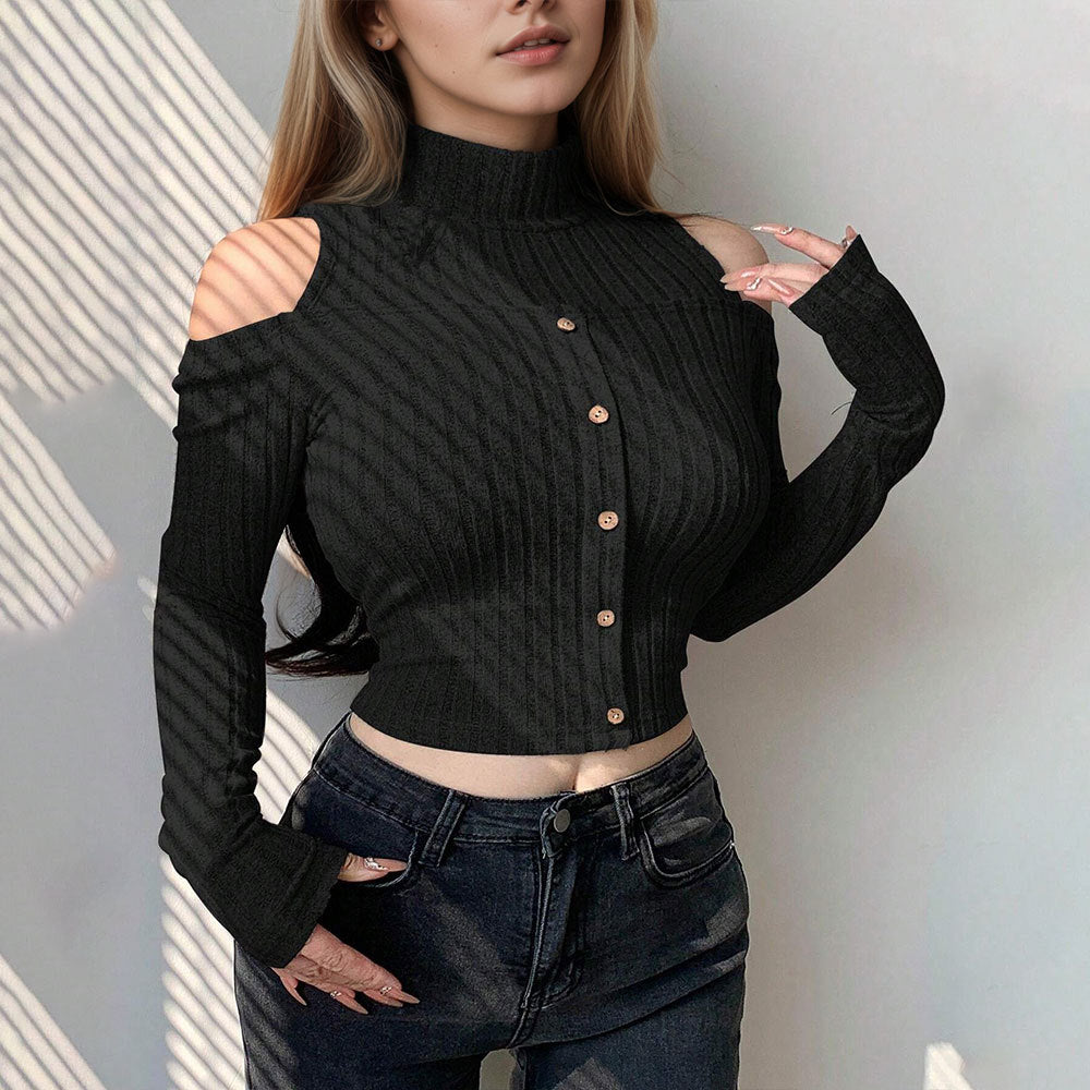 Pull long à manches longues pour femmes, court, avec détails épaules dénudées et fermeture à boutons Levoire