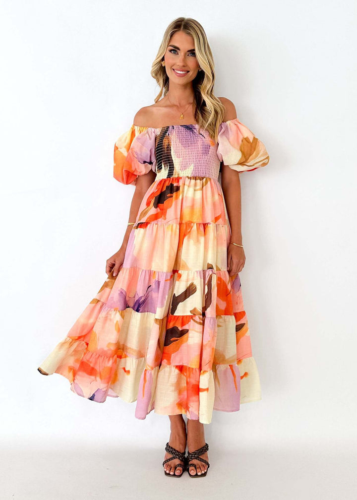 Robe maxi femme avec design dénudé des épaules et manches volumineuses à volants Levoire