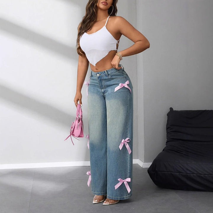 Jeans larges femmes taille haute avec appliqués en forme de nœud décoratifs Levoire