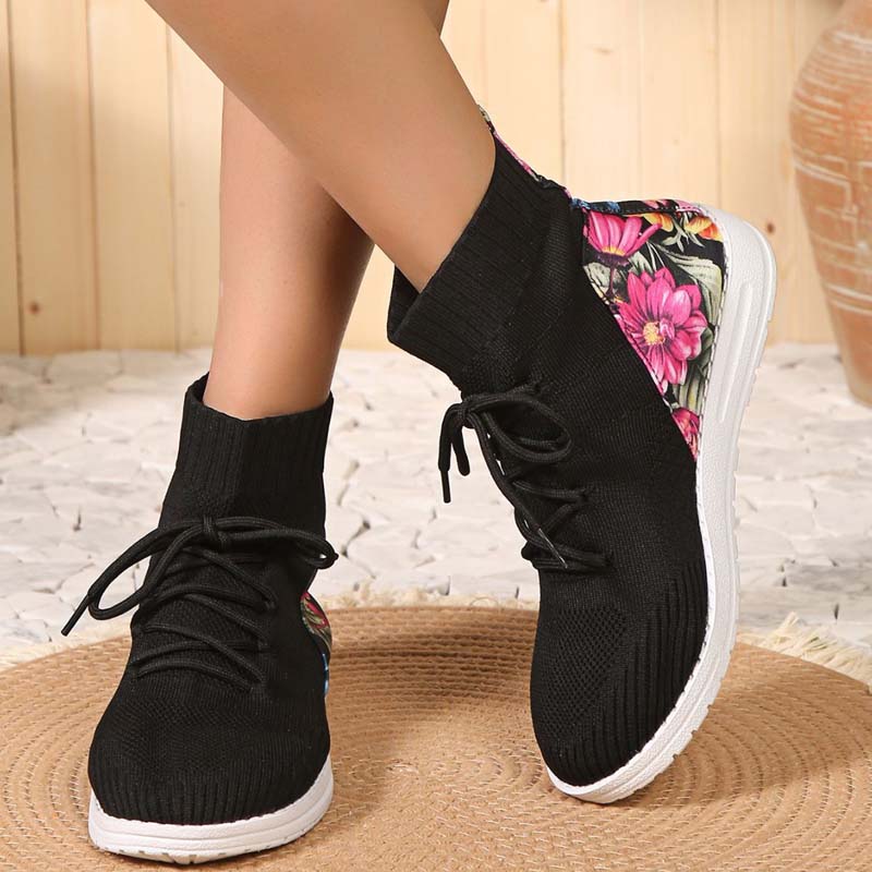 Levoire | Baskets Mixtes Confortables Mi-Longues Avec Détail En Fleurs Sur Le Talon Pour Femmes Noir