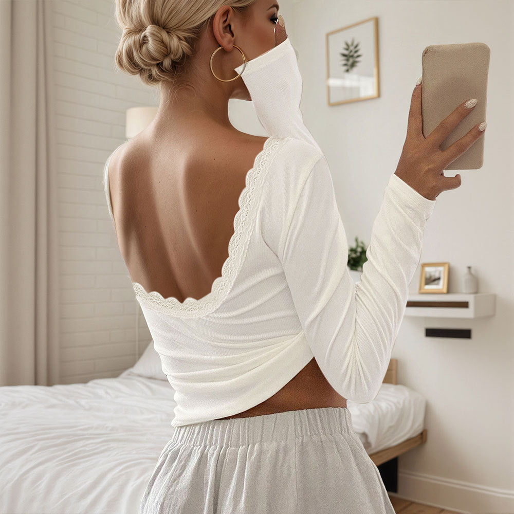 Chemise à manches longues pour femmes avec décolleté profond au dos et embellissement en dentelle élégante Levoire