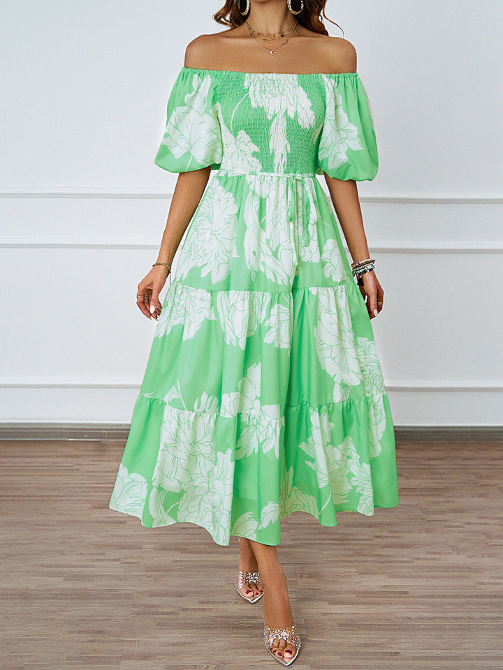 Robe Maxi Femme à Epaule Dégagée avec Manches Volumineuses et Imprimé Levoire