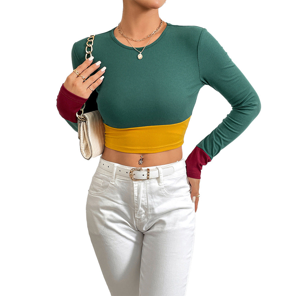 T-shirt court pour femmes avec design en bloc de couleur et manches longues Levoire