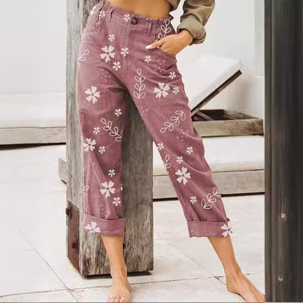 Pantalons cargo pour femmes avec motif floral et taille élastique Levoire