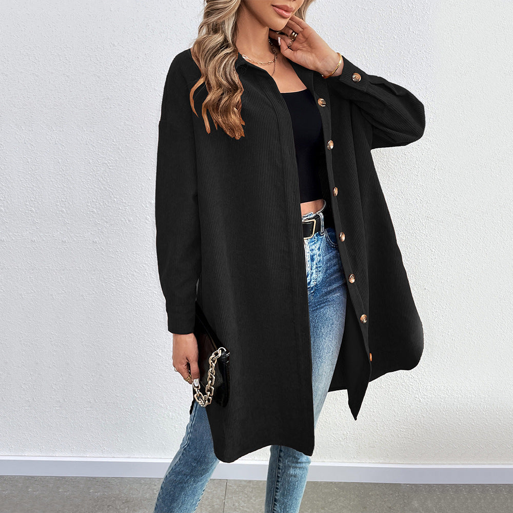 Veste chemise à manches longues pour femmes en corduroy doux avec patte de boutonnage Levoire