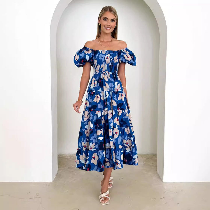 Robe maxi femme avec design dénudé des épaules et manches volumineuses à volants Levoire