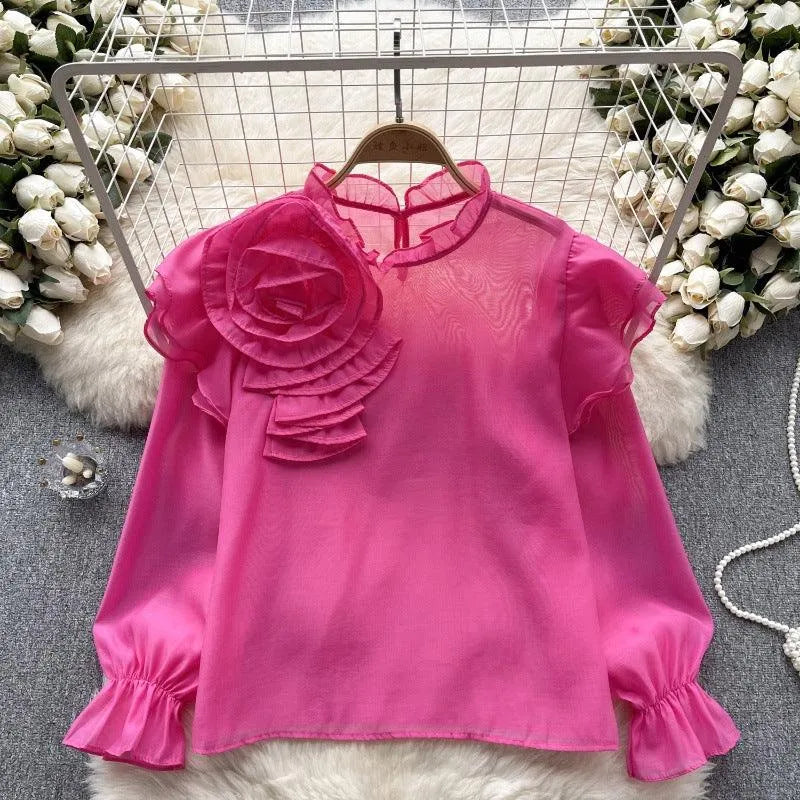 Levoire | Dolce Chiffon-blouse à manches bouffantes Rosenrot Taille libre
