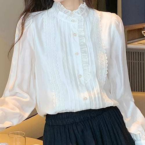 Blouse en Soie de Mûrier avec Col Montant et Volants