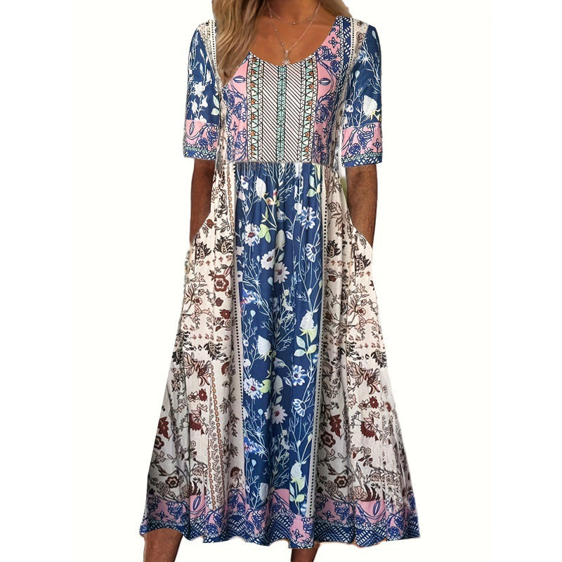 Levoire | Robe imprimée Col rond Robe à manches courtes 5-Bleu lien