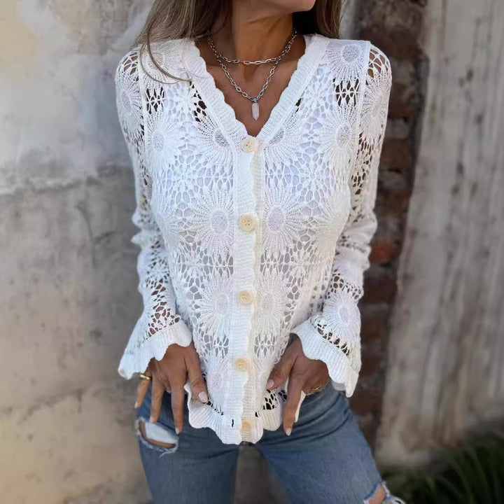 Veste au crochet pour femmes avec motifs floraux et fermeture à boutons Levoire
