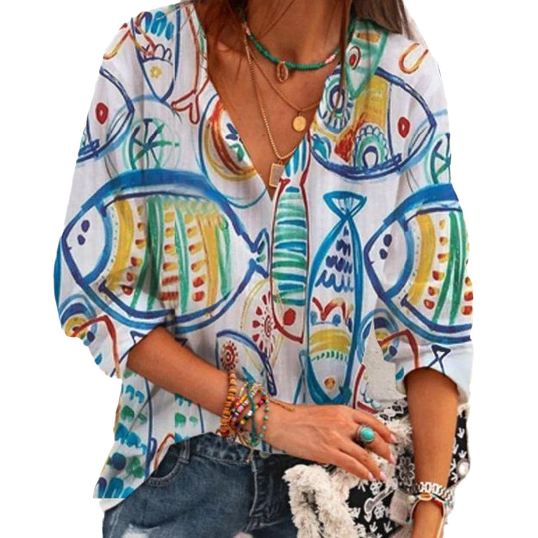 Levoire | T-shirt à imprimé tendance col en V à poignets extensibles à manches trois-quarts