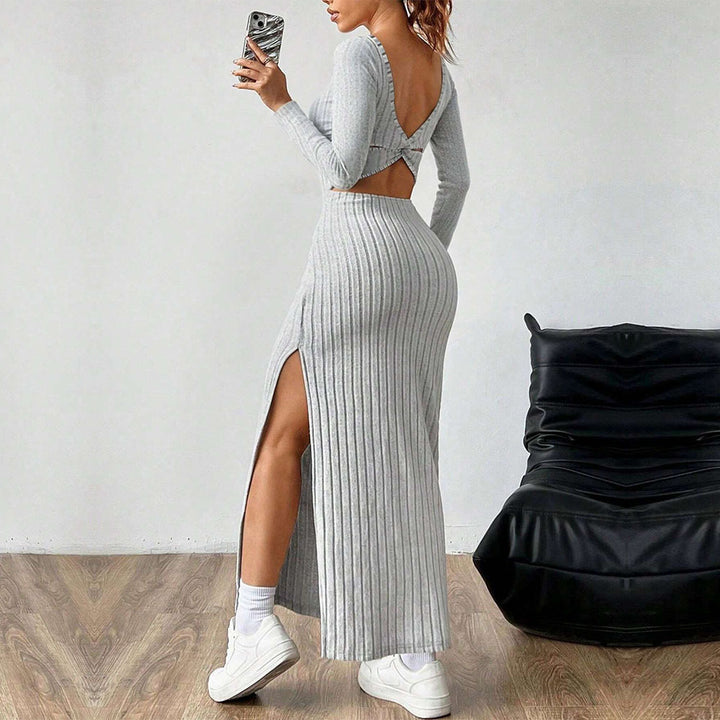 Robe Maxi Femme avec Tricot Côtelé Élégant et Fente Chic Levoire