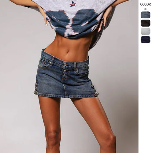 Jupe en denim mini femme avec fermeture à bouton et poches latérales Levoire