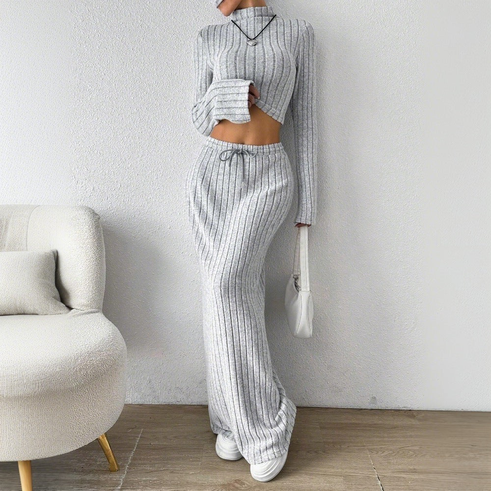Ensemble crop top à manches longues pour femmes et jupe maxi avec texture côtelée élégante Levoire