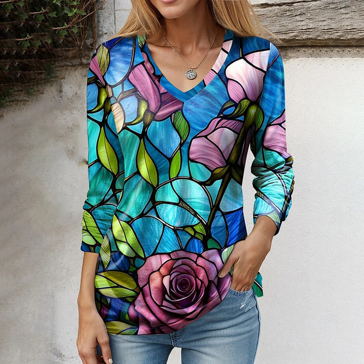 Levoire | Chic Print V-col ouvert Relaxant T-shirt A4