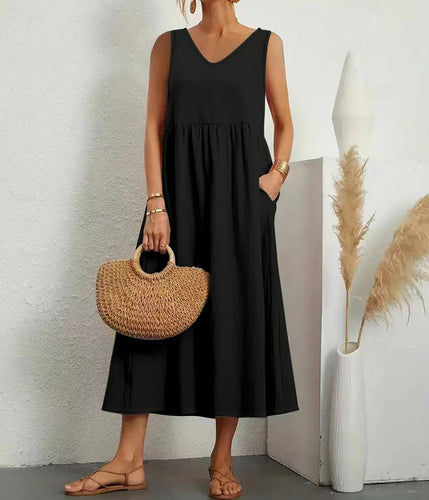 Levoire | Élégant été robe en coton-lin unie sans bretelles décolleté en V