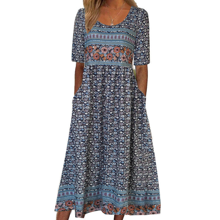 Levoire | Robe imprimée Col rond Robe à manches courtes 6-Fleurs bleues