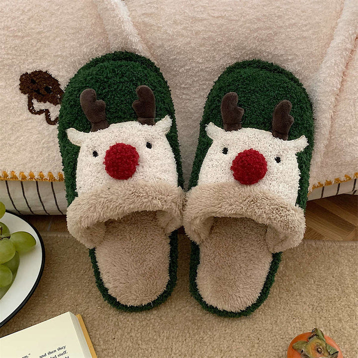 Levoire | Amusant Épais Chaud Chaussons Imprimé Renne Pour Femmes Vert