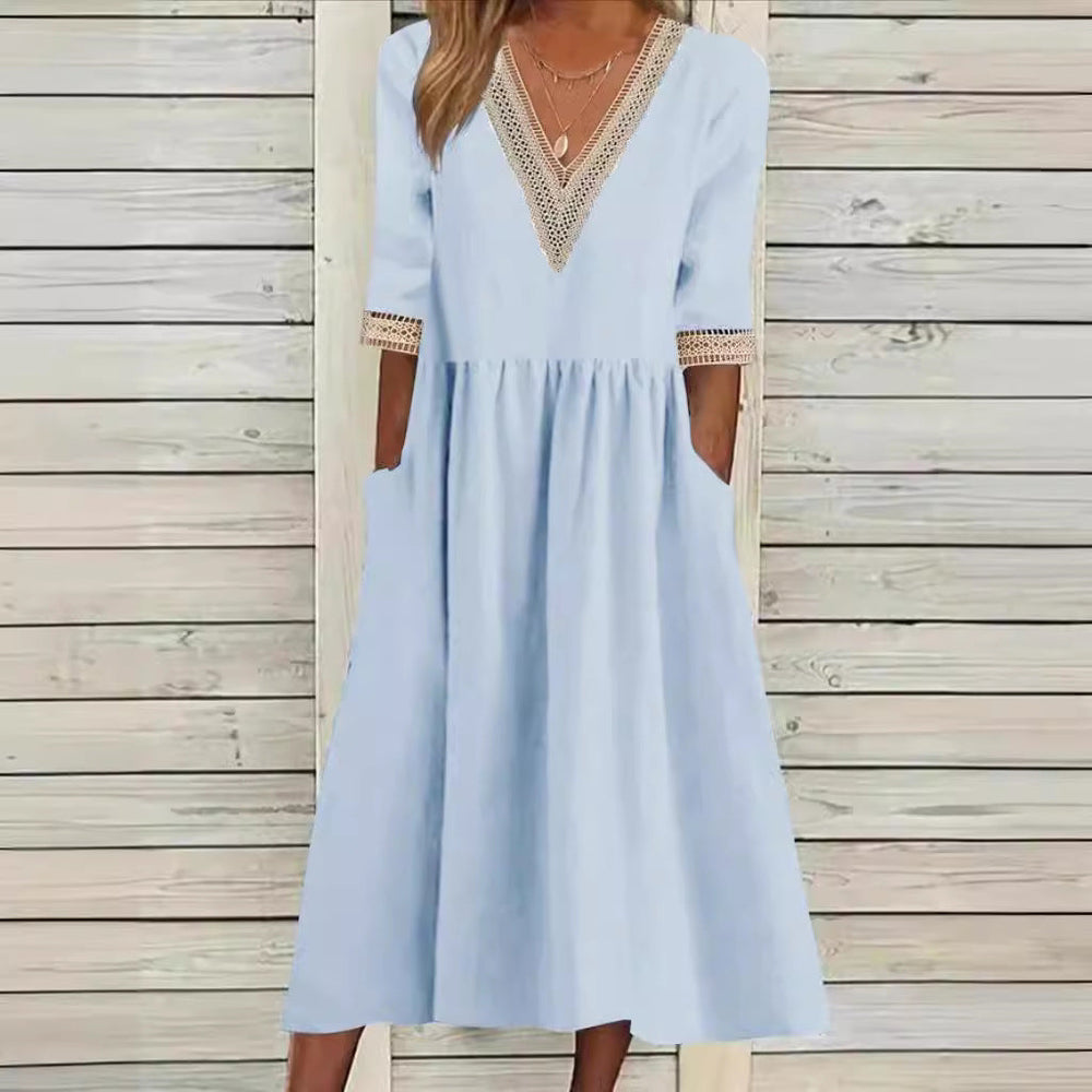 Levoire | Élégante robe mi-longue à col V en dentelle à manches mi-longues