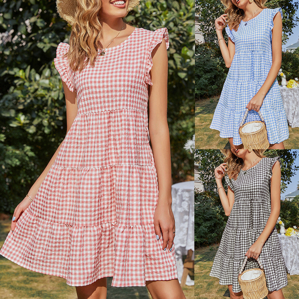 Robe à carreaux sans manches pour femmes avec jupe évasée Levoire
