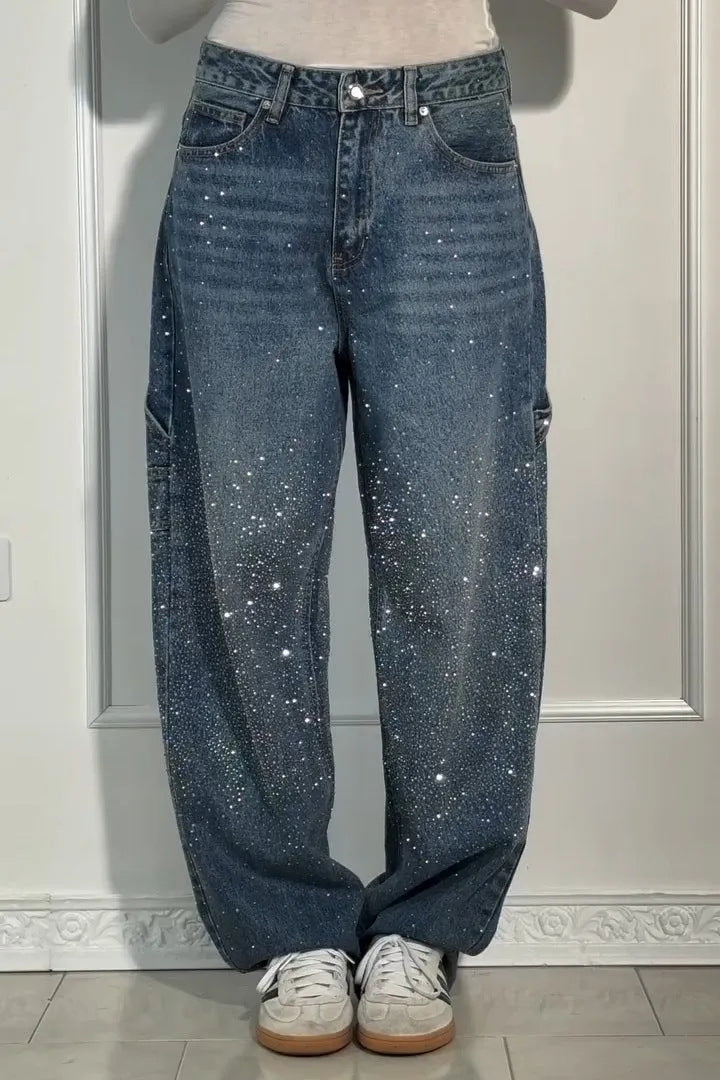 Jeans baggy décontractés pour femmes avec appliqués scintillants Levoire