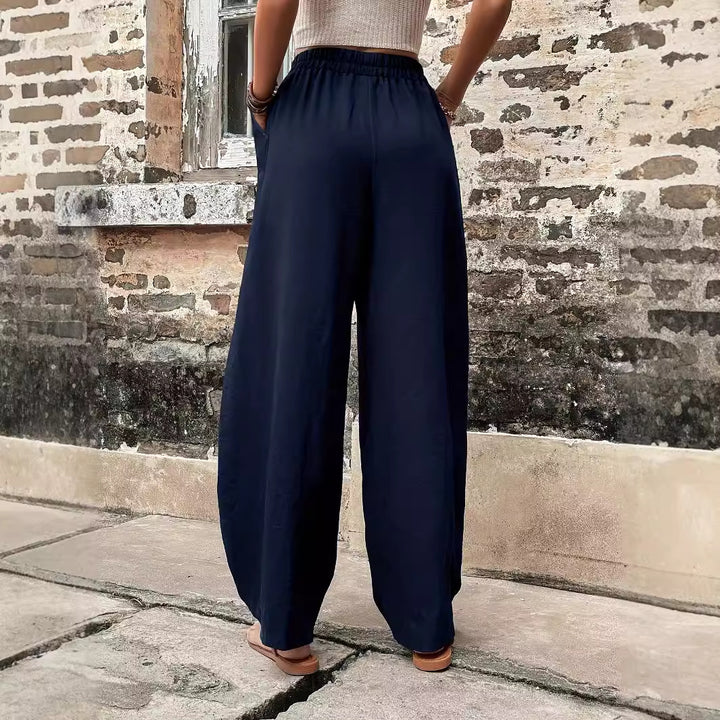 Pantalon large en lin pour femmes avec taille élastique et poches latérales Levoire