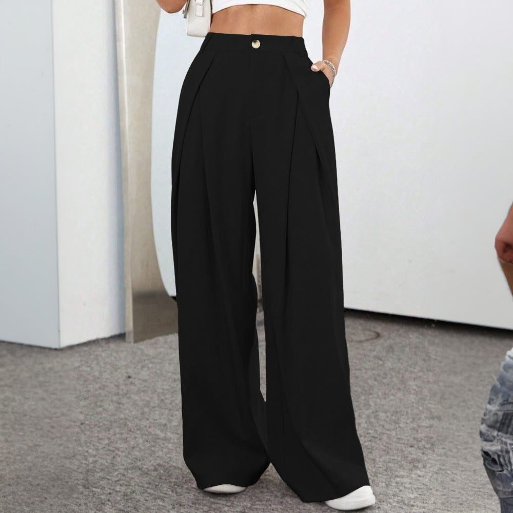Pantalons palazzo taille haute généreux pour femmes avec élégants plis et bouton visible Levoire