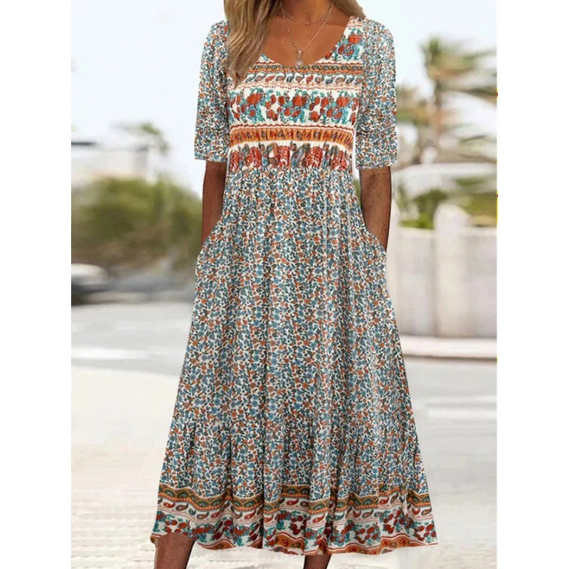 Levoire | Robe imprimée Col rond Robe à manches courtes 2-petit motif floral
